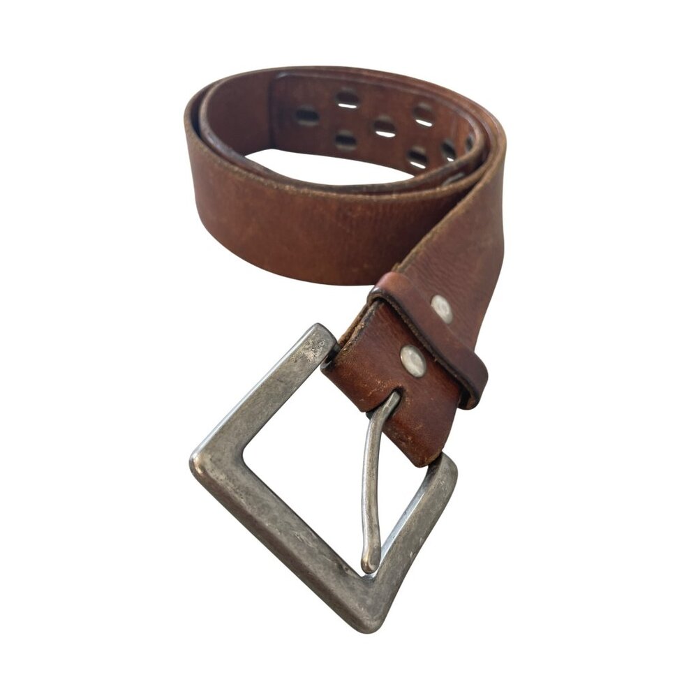 B.A.D Genuine Leather Brown Belt Size 34 Silver Buckle Oval Eyelets Design Retro